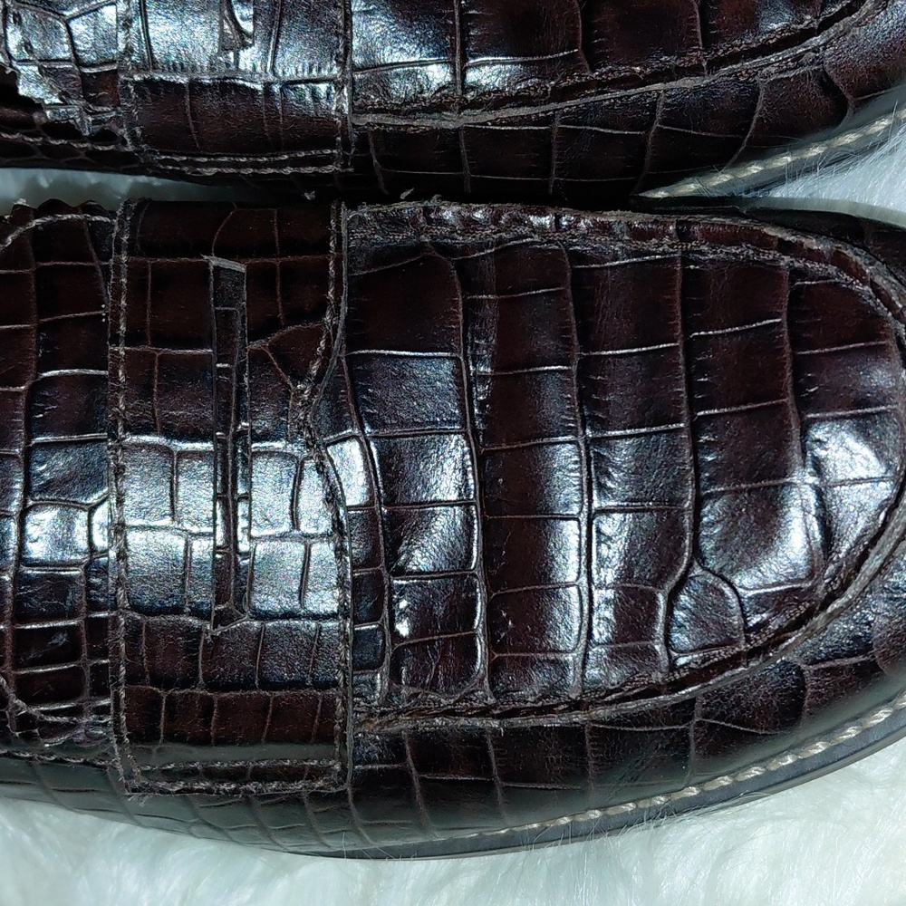 EUC Franco Sarto Leather Brown Penny Loafer Moc Croc Serrated Instep Great Soles